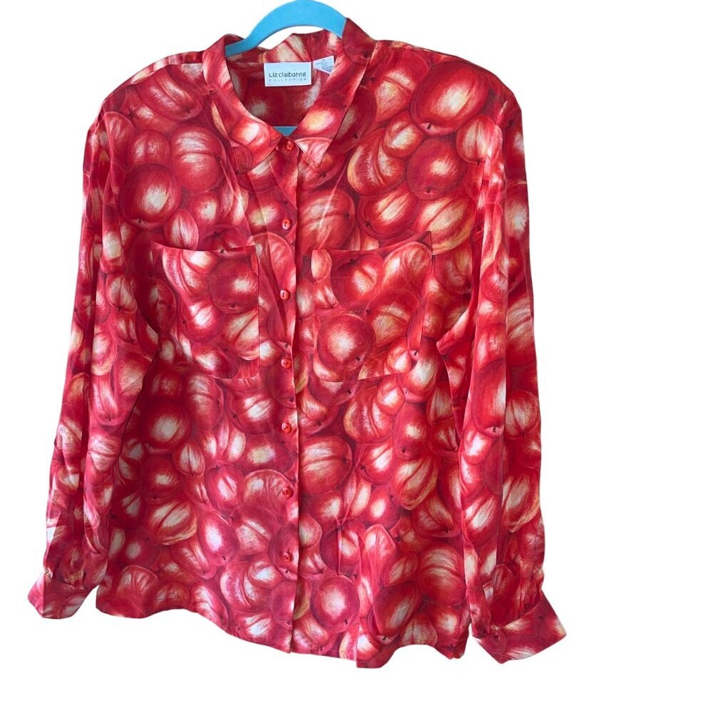 Liz Claiborne Vintage Womens Shirt Size 14 Red Apple Print Pure Silk